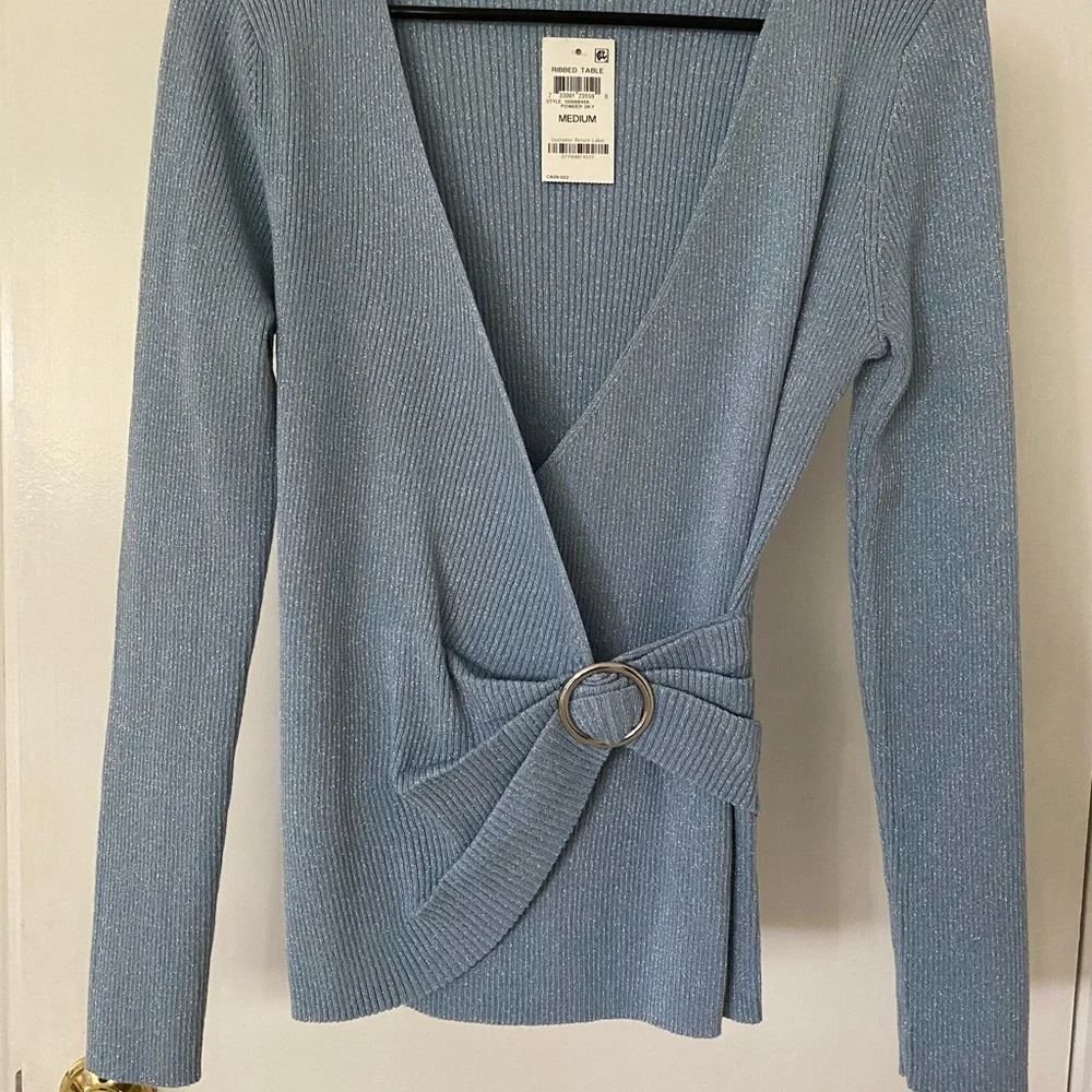 Inc. Elegant Blue Wrap Sweater. Powder blue with silver threads. NWT - Picture 2 of 6